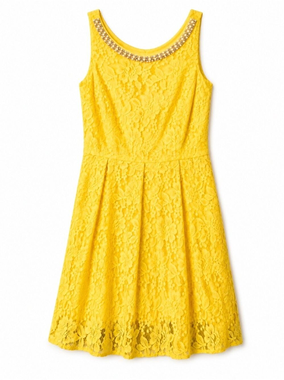 Sandra Darren NWT Yellow Lace Midi Dress Size 6 Pearl Beaded Sleeveless